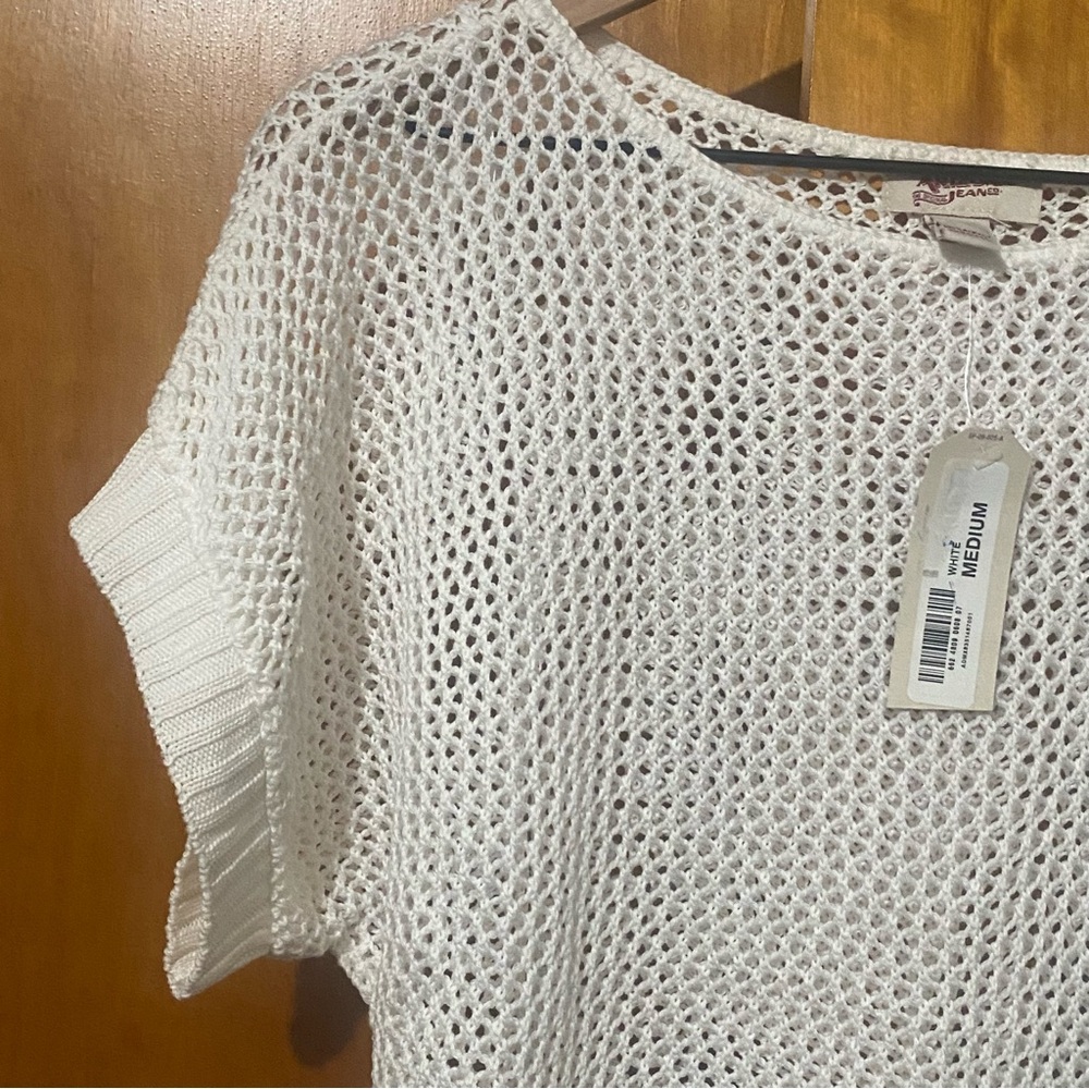 Arizona White Knit Crochet Short Sleeve Sweater Top Juniors Medium - Picture 3 of 4